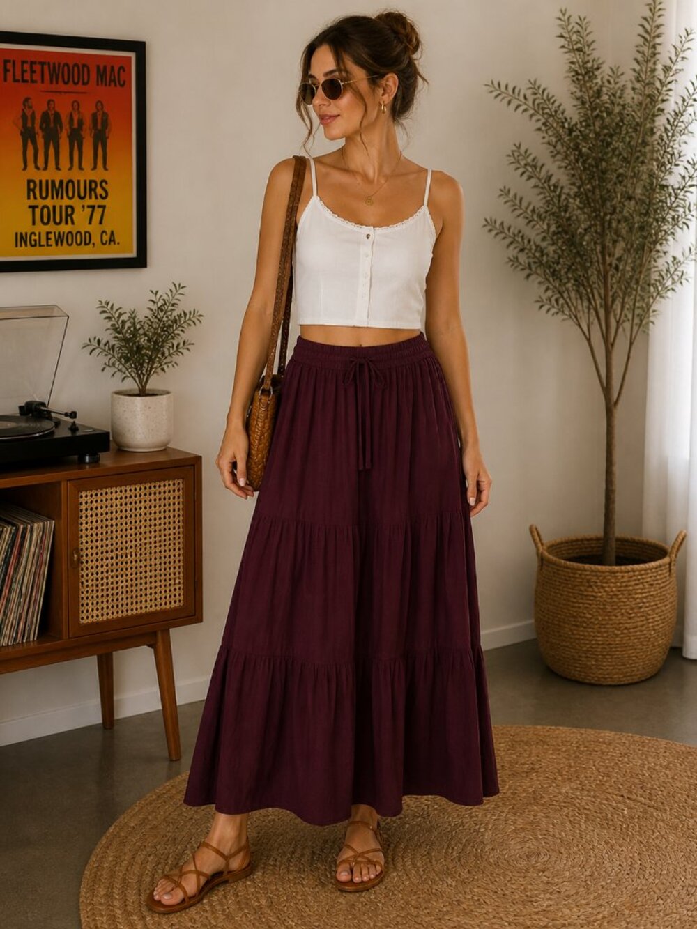 J. Jill Burgundy Tiered Maxi Skirt Boho Cottagecore Western Style – Size XS